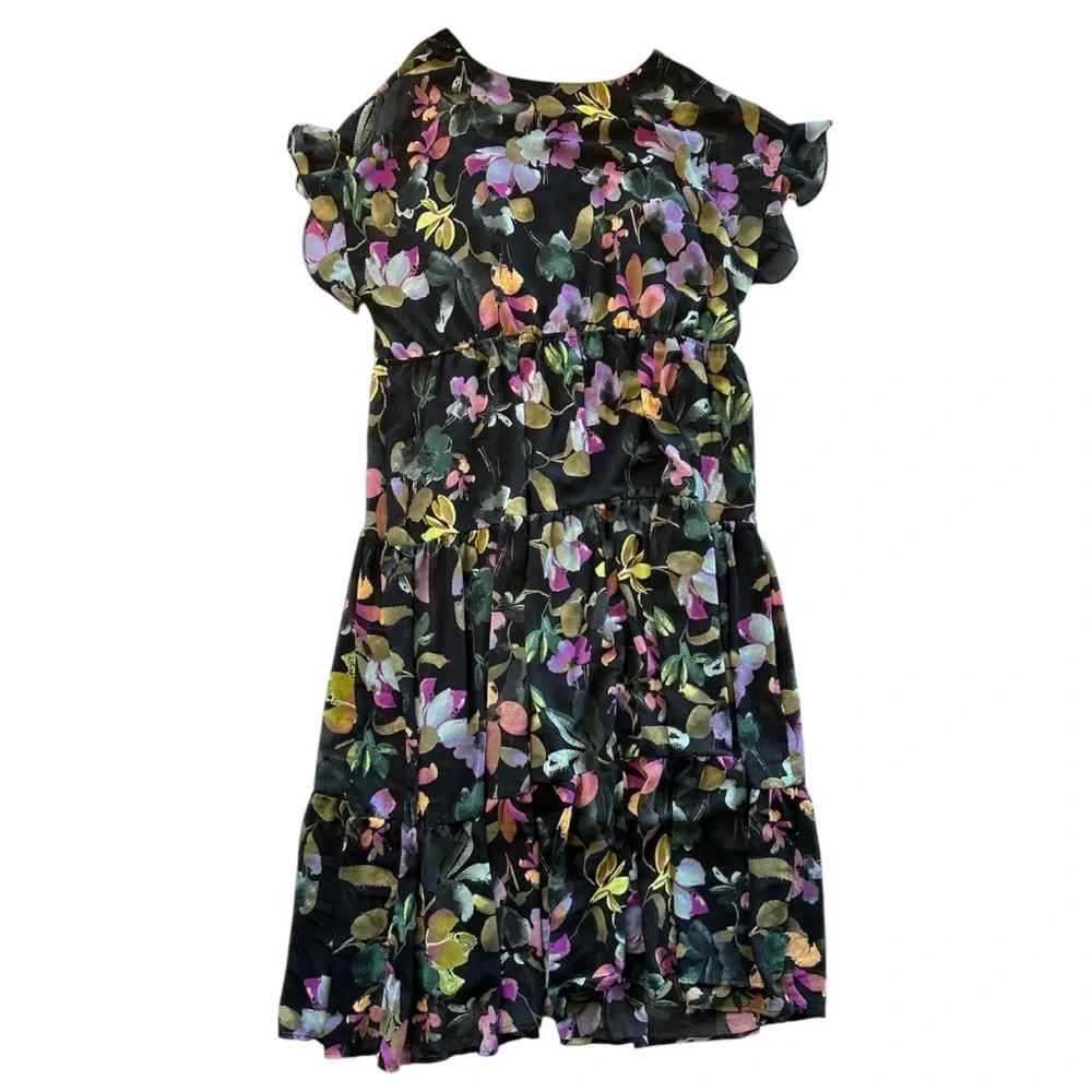 Ava & Viv Women 3X Maxi Dress Black Floral Multi Sheer Tiered Flutter Sleeves - Picture 4 of 14